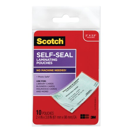 Scotch Self-Sealing Laminating Pouches, 9 mil, 3.8" x 2.4", Gloss Clear, PK10 LS851-10G